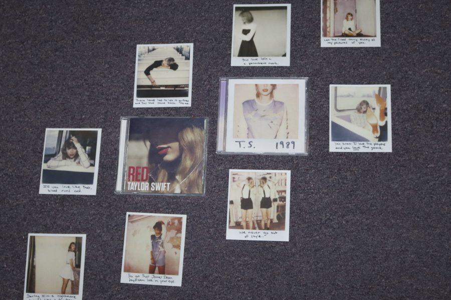 LISTEN - Pictures of Taylor Swift surround her two most recent albums: Red and 1989. “I like her music, old and new. She has been slacking with music but she just came off a huge tour, so I understand why she is taking a break,” junior Kyle Eckley said. “Hopefully she comes back soon with some good music.”