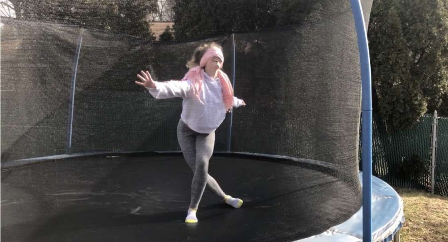 Sophomore Greta Snukis is attempting to do tricks on her trampoline while blindfolded. The film “Bird Box” was released on December 21, 2018, and made some people attempt to do things blindfolded in something called the “Bird Box Challenge.” Greta said, “I wanted to do the Bird Box gymnastics challenge because it looked silly and I love my trampoline.”
