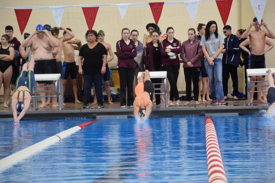 Senior Kylie Tohill (center) dives into the pool. 