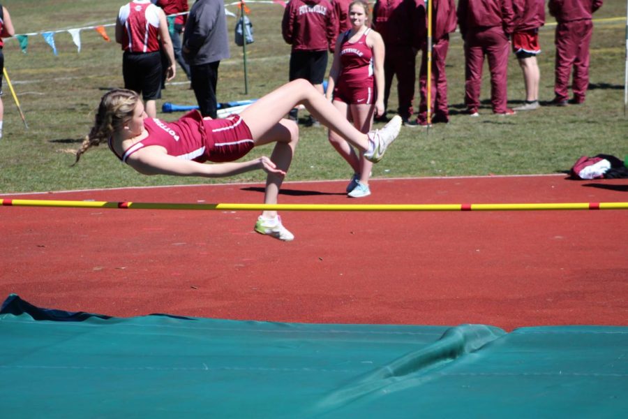 Pottsville Area High school track runner junior Payton Kleckner makes a high jump against Hamburg Area last year. Kleckner said, “ I like high jump because I feel like I’m pretty good at it and my favorite part is trying to beat my personal record from the last meet.”