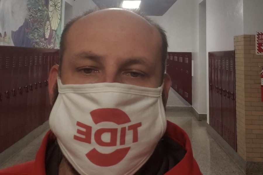 Head+Custodian%2C+Mr.+Brad+Ross+is+wearing+his+C-Tide+mask%2C+while+at+work.+Masks+are+mandatory+because+of+the+Coronavirus.+%E2%80%9CMy+goal+is+to+complete+much+needed+repairs+since+we+have+extra+time%2C%E2%80%9D+said+Ross.