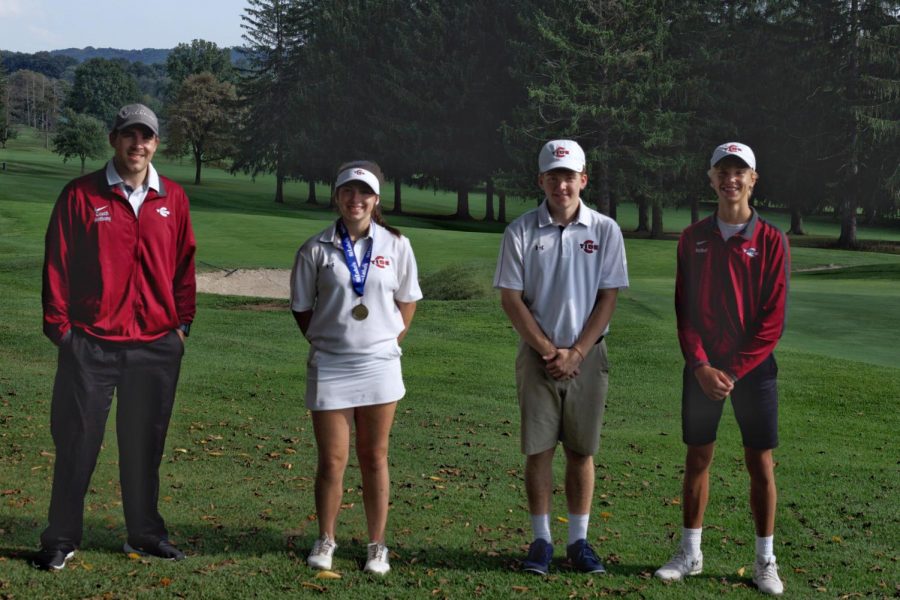 Victoria Fuss poses with her coach and two teammates after the Schuykill League Championships. Victoria Fuss won last year’s championship as well. “I was hoping to win again this year, but I just went out and tried my best and it pulled through,” said Fuss.
