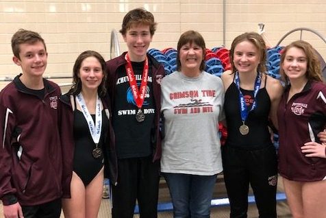 (From left to right, Nathan Colna, Emma Smith, Owen Golden, Debra Logothetides, Greta Snukis, and Lauren Klinger) This photo was taken at the 2019-2020 Schuylkill League Championships. Greta Snukis, Emma Smith and Owen Golden all medaled at this meet. Senior diver Greta Snukis said, “This year I was looking forward to Leagues because I wanted to reclaim my title. I was hoping for a 2peat. I do not agree with the fact that it couldn’t be rescheduled. I was hoping to improve my score and reach 400 with my 11 dives. I also wanted to improve my degree of difficulty and throw harder dives.