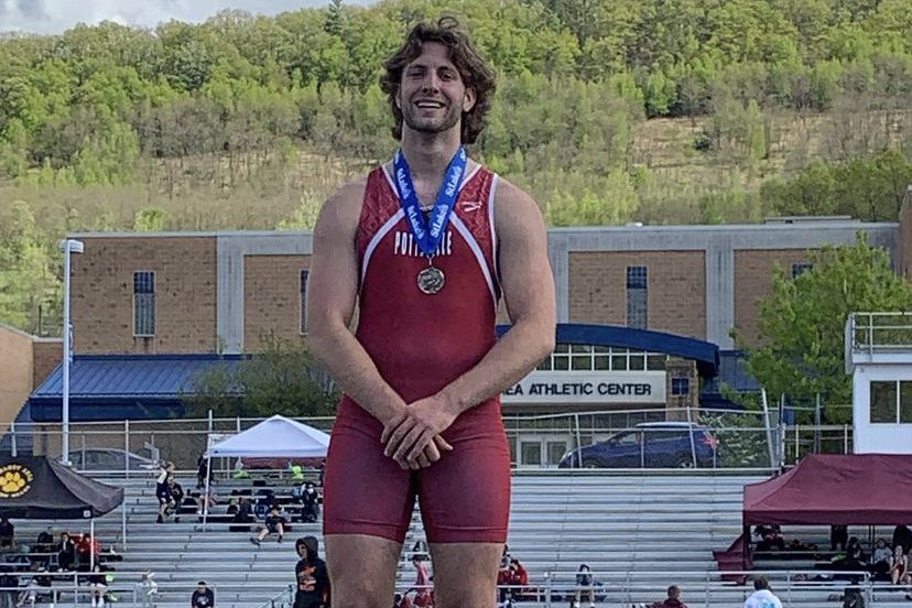 Senior Bobby Walchak stands proud after winning first in the 110M high hurdles. Leagues were held at Tamaqua Area High school this year. Walchak says “ My hardest event year was probably the 300m hurdles. I only ran it once, and I was doing really good until I fell. After that I retired from the 300 hurdles.” 