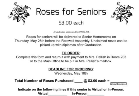 The photo above is the paper you will need to fill out if you want to buy a rose. All order forms are due on May 18th. Mrs. Pellish said, “My favorite part of the Roses for Seniors tradition is seeing how excited the seniors are as they leave the Farewell Assembly with their roses in hand.”