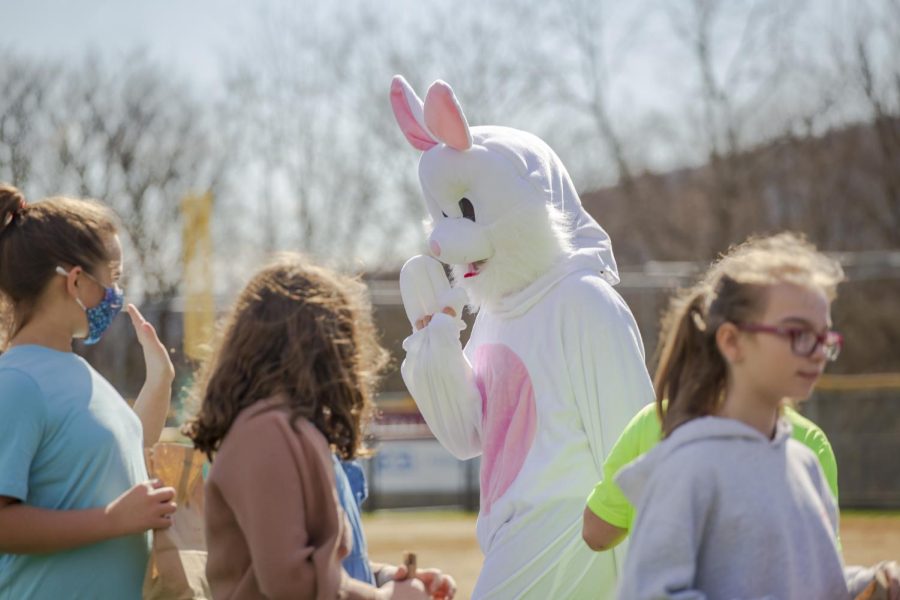 The Easter Bunny waves to the students at John S. Clarke. The students lined up to receive candy, and did various other activities. Volunteers from Pottsville Area High School helped with the festivities. 