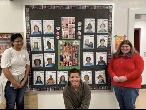 
Junior Ashley Constanza-Espiritusanto, Sophomore Jorel Powell and Junior Brianna Rogers (L-R) pose in front of the bulletin board with historical women figures. Women’s History Month is dedicated to celebrating the women in our life and shining a light on historical accomplishments. Freshman Veada Reavill said, “I think women should appreciate one another no matter what shape, size, color or font you are. I support every woman and I think that all women should be my favorite women.”