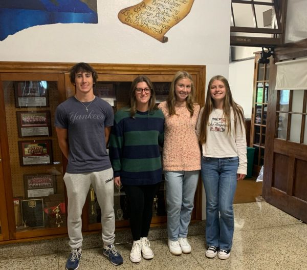 The PAHS Sophomore Class Officers stand in line for a picture outside of the main office. From left to right, Brody Herndon, Peyton Eckert, Justine Siminitus, and Maggie Colna.
