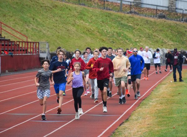 The Alumni Fun Run participants started their run on PAHS’s track. Many students and alumni from Pottsville were in the race including junior Cullen Clarke who is in the front. 