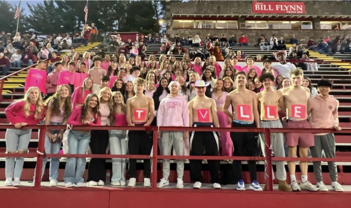 Pottsville students dress in pink to show support at Pottsville’s Friday night Football game. “The pink out game is a great tradition that raises awareness, I like how it brings everyone together and shows support,” senior Cullen Clarke said. 
