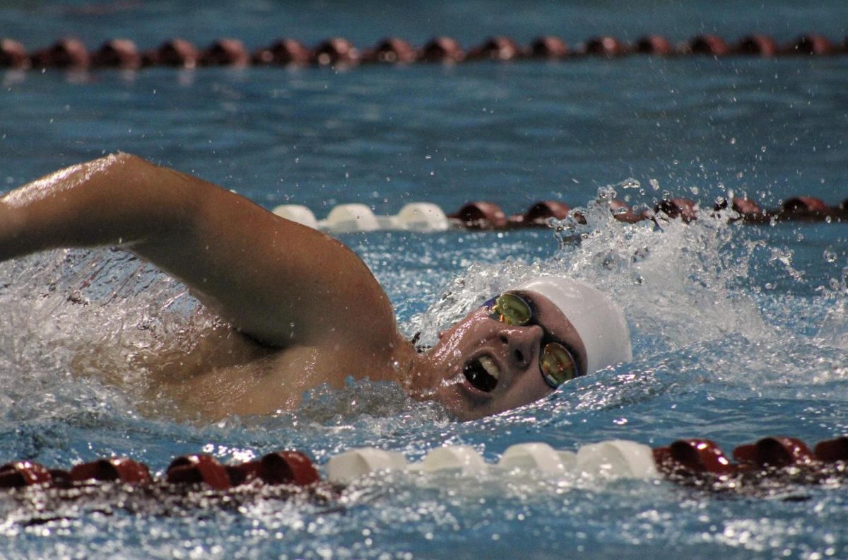 Senior Caden Wright during his 500 meter race against Blue Mountain. “Caden is amazing to watch because he just glides through the water and it’s really inspirational,” Senior on the PAHS Swim Team Elizabeth Ortiz said. 
