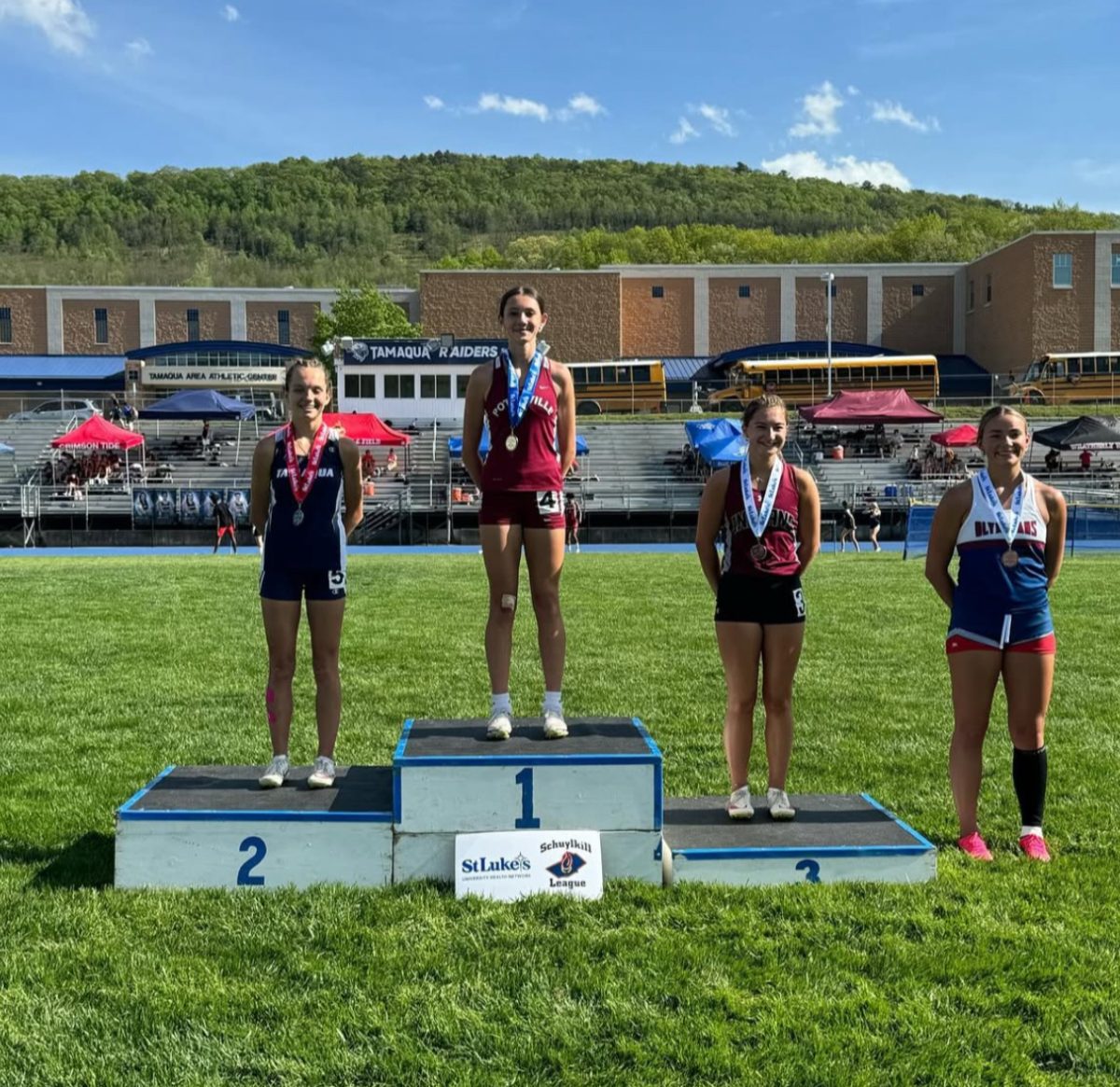 The Schuylkill League girls 100 meter hurdles podium from the 2024 season. Alexa Guiffre won gold in the event in a quick time of 16.55 seconds. 